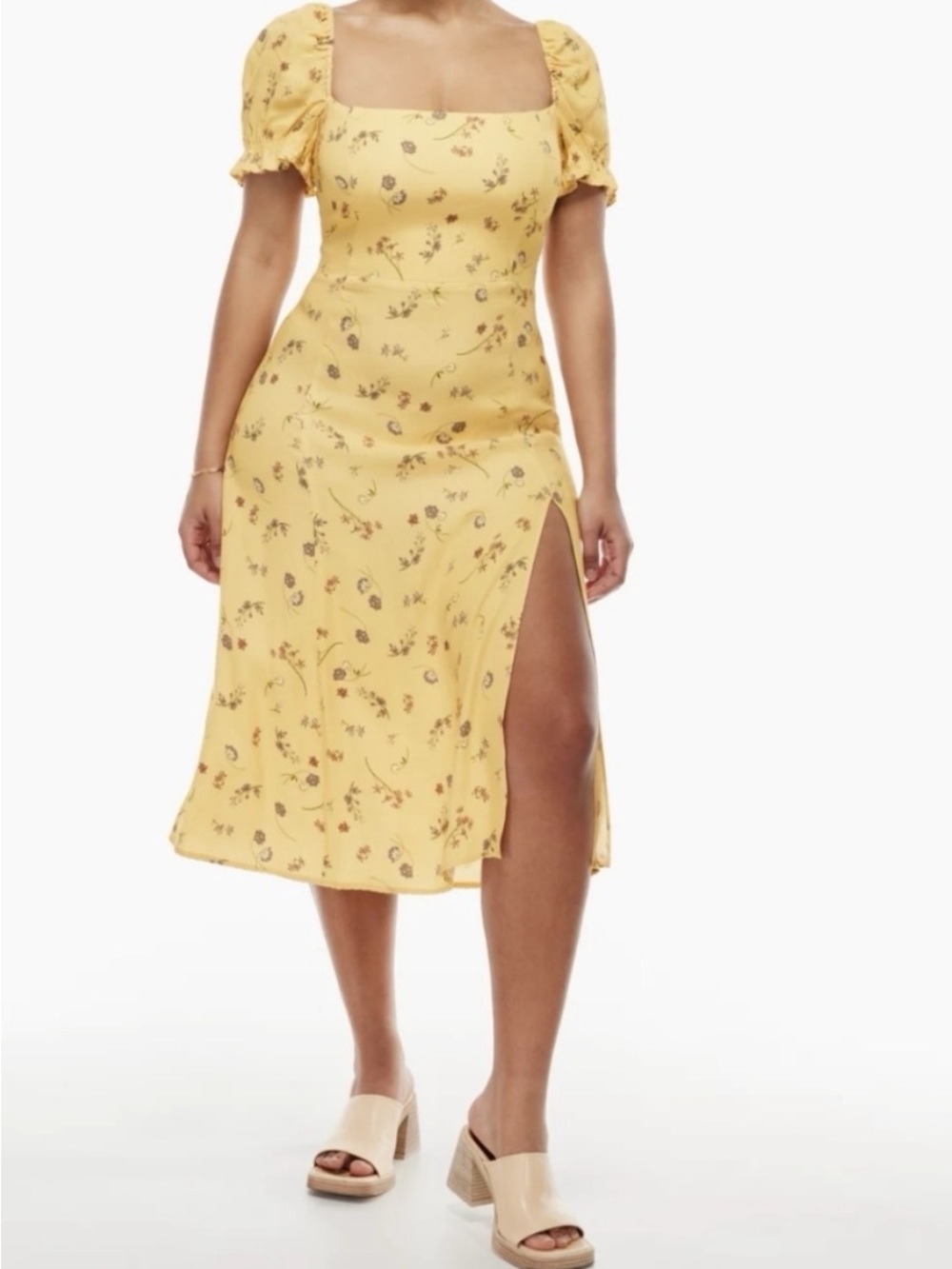WILFRED Fannie Yellow Floral Puff Sleeve Summer Cottage Wedding Midi Dress Sz 0